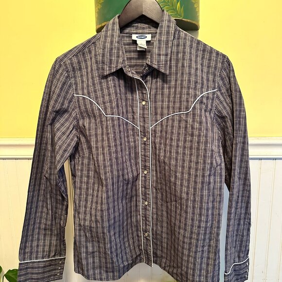 Old Navy Vintage 2001 Long sleeve Button Down Western Pearl buttons blue plaid L - Picture 1 of 7